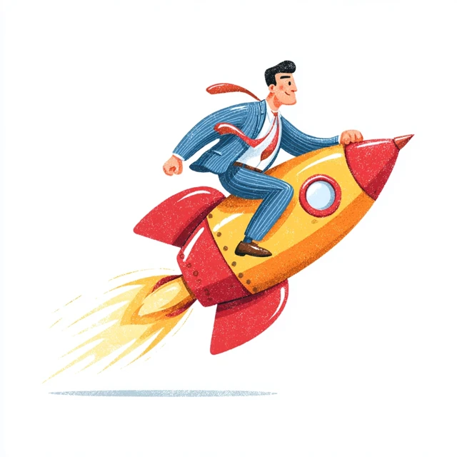 Businessman Rocket Illustration Bright Colors Postcard Style