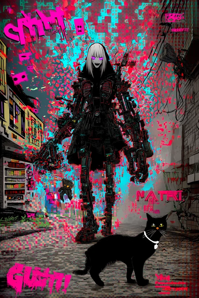 MGMT and Kitty in a Cyberpunk Alleyway Pop Art