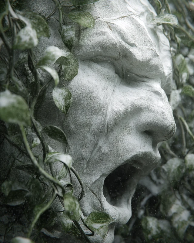 Screaming Statue in Snow Beksinski Style