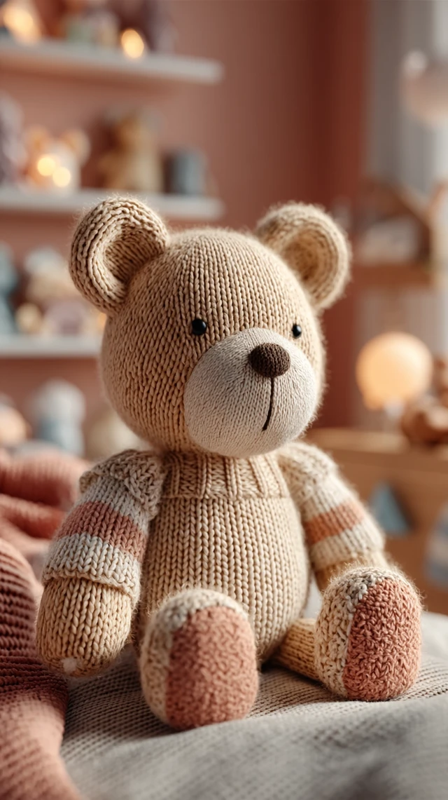 Handmade Knitted Teddy Bear in Cozy Childrens Room