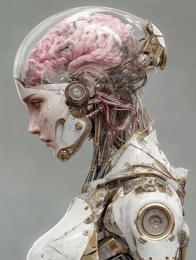Female Robot with Transparent Head and Brain