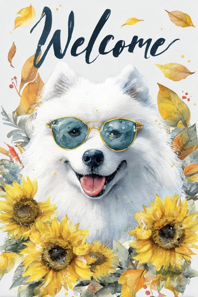 Fall Samoyed Dog Welcome Watercolor Art