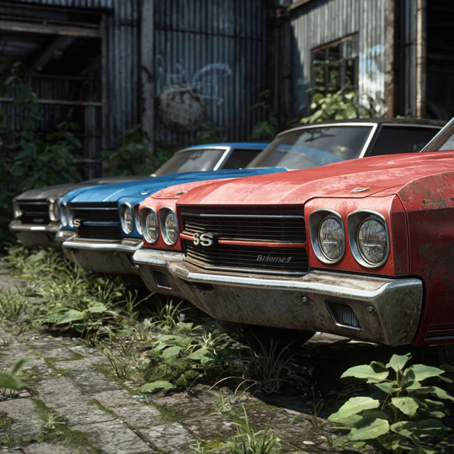 Muscle Car Lineup Classic American Cars in an Industrial Setting