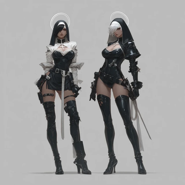 Anime Black Latex Battle Nuns Illustration
