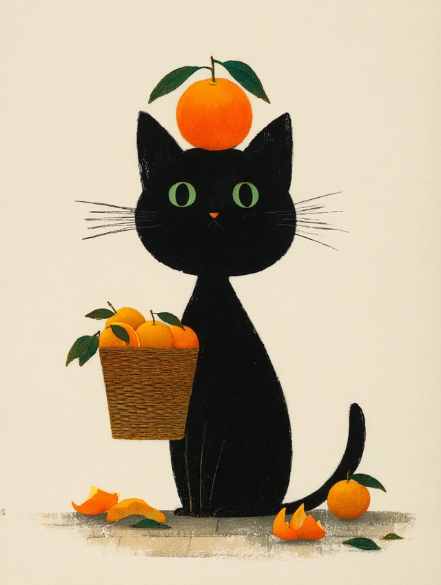 Cute Black Cat with Orange Fruit Art by Hyunjoo Jeon