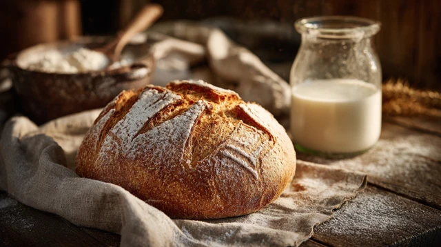 Freshly Baked Bread and Milk Rustic Still Life