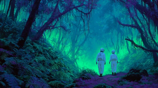Retro Alien Jungle Exploration with Bioluminescent Vines