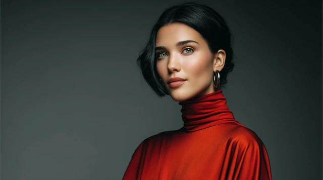 Beautiful Woman in Red Turtleneck Dress Studio Portrait