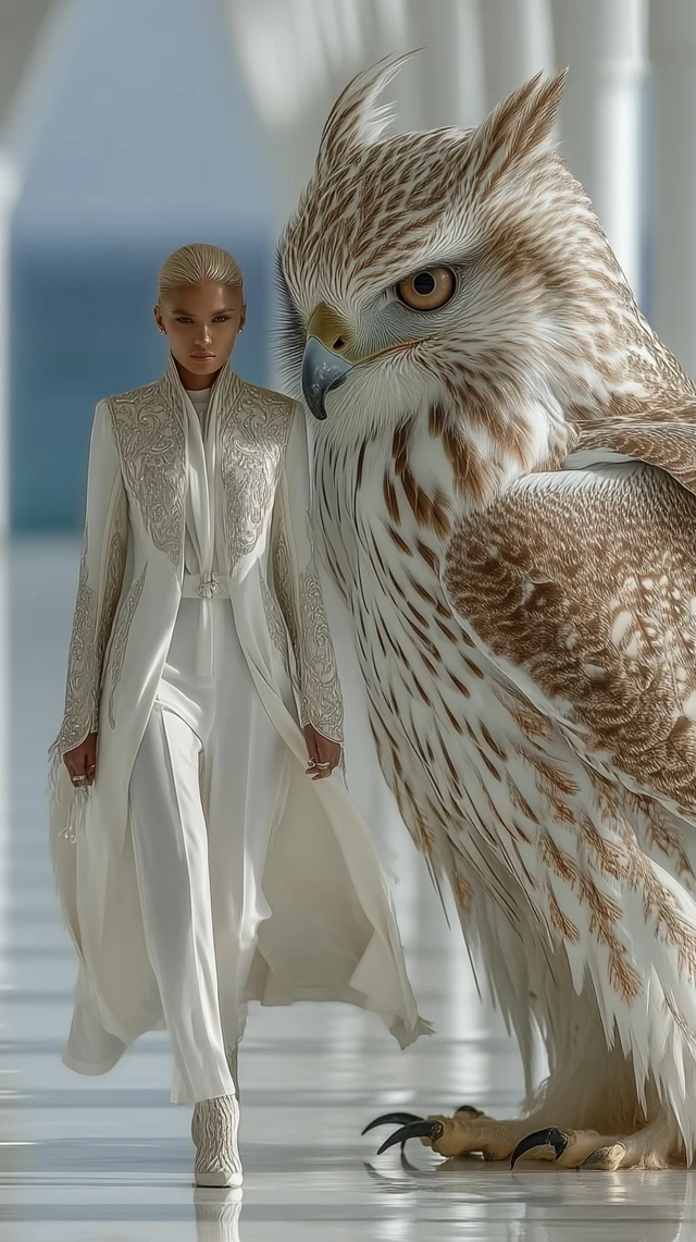 Fashion Model and Falcon on Runway Ultra Realistic