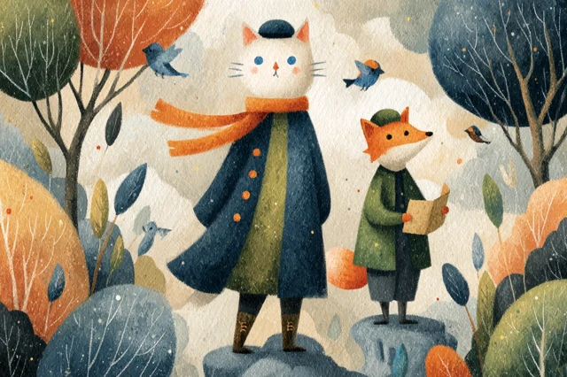 Whimsical Cat and Fox Adventure in a Floating Forest
