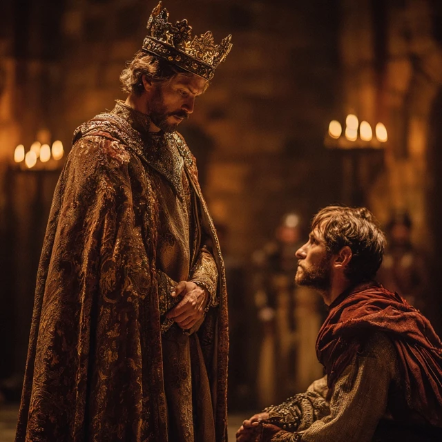 Medieval Emperor and Rebel Kneeling Photo
