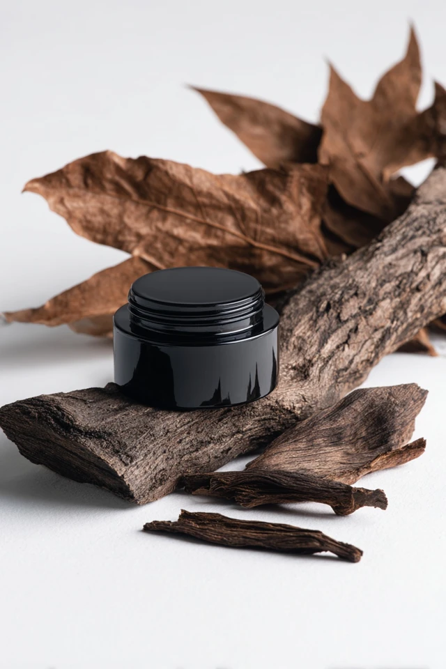 Cosmetic Jar Product Photography with Bark and Leaves