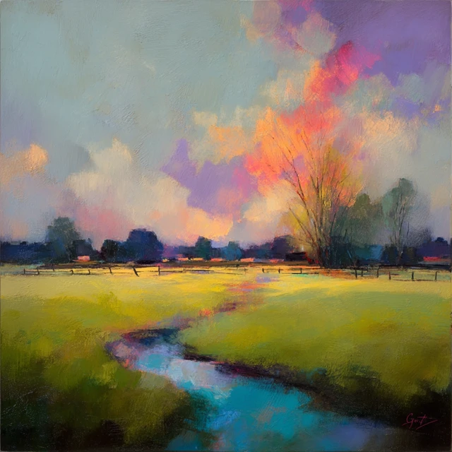Midwestern Field Painting  Soft Sky and Green Grass