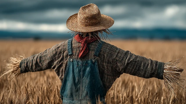 Scarecrow in Wheat Field Harvest Season Stock Photo
