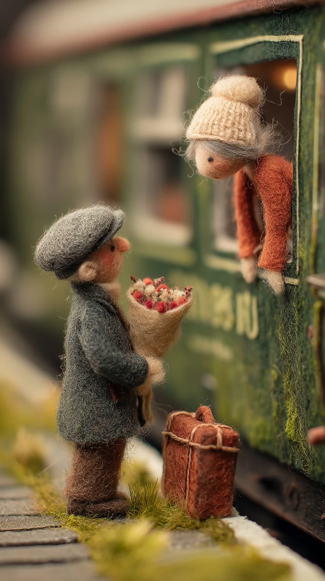Needle Felted Train Station Tender Moment