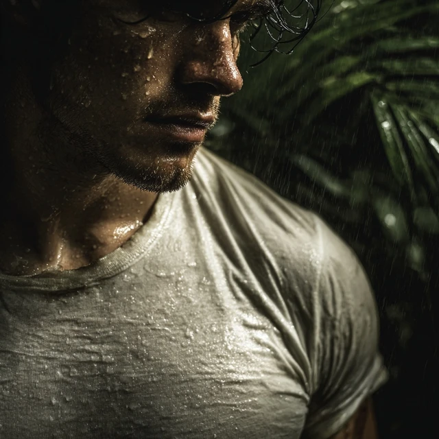 Rain Forest Portrait Man in Wet Shirt Hyperrealistic