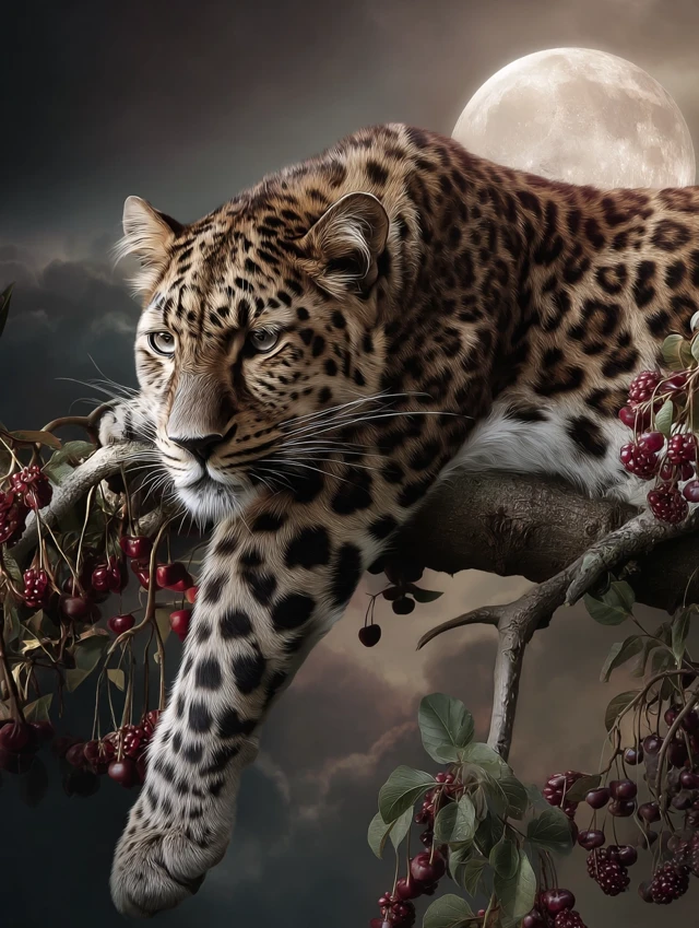 Leopard on a Branch Under Moonlight