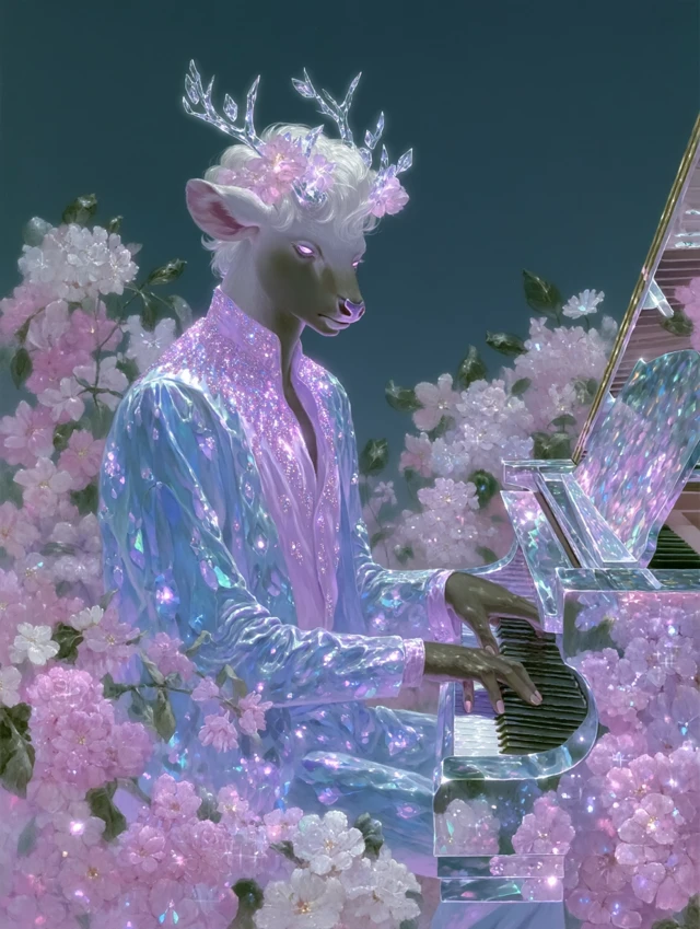 Deer Musician at Piano Surreal Pastel Art
