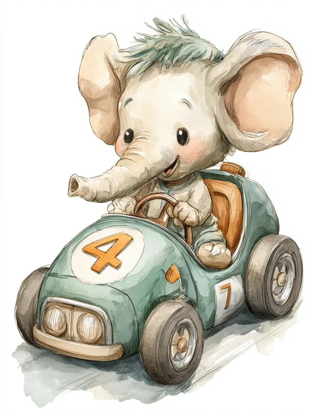 Cute Baby Elephant Driving Race Car Watercolor