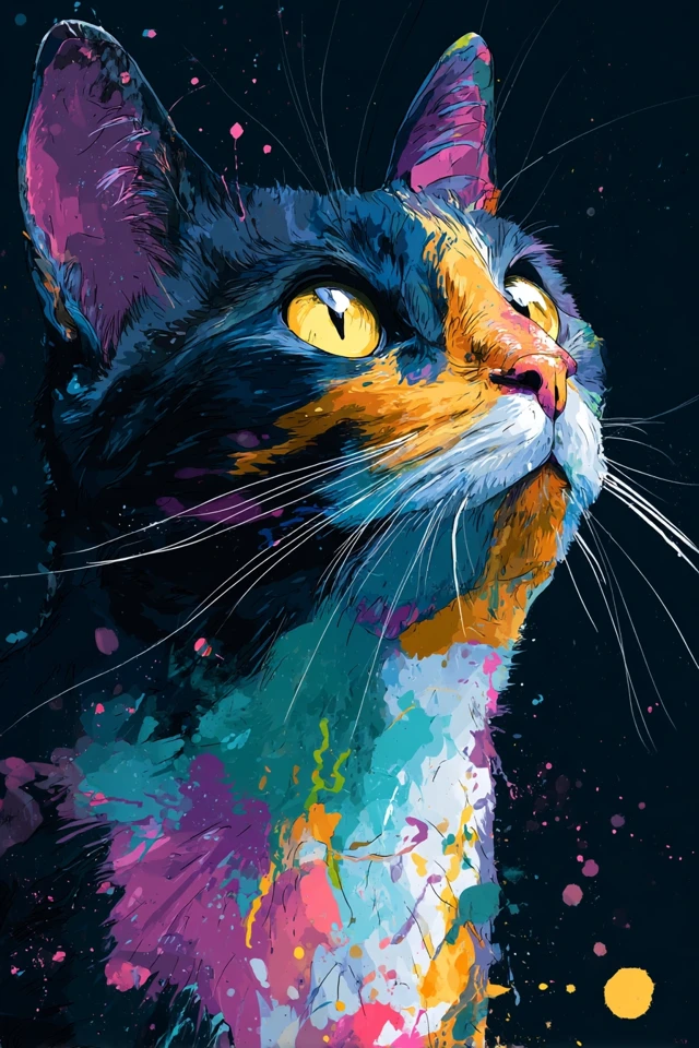 Colorful Cat Splash Painting Illustration