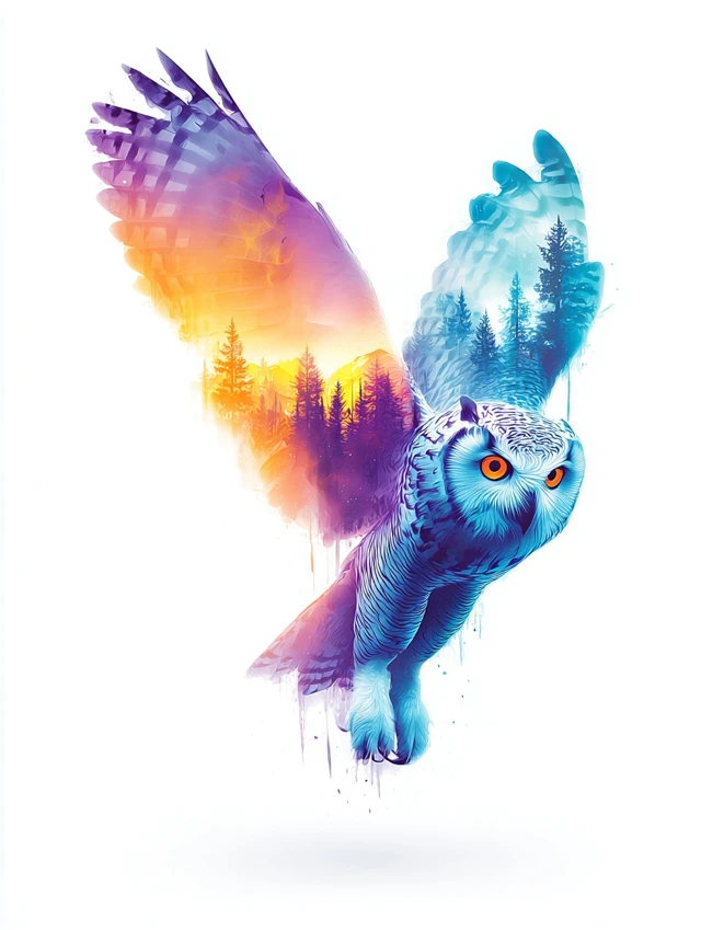 Owl in Flight Watercolor Art Forest Landscape