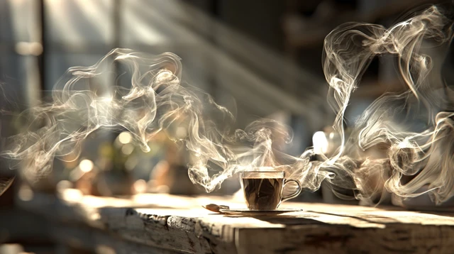 Steaming Coffee Cup on Rustic Table Cozy Atmosphere