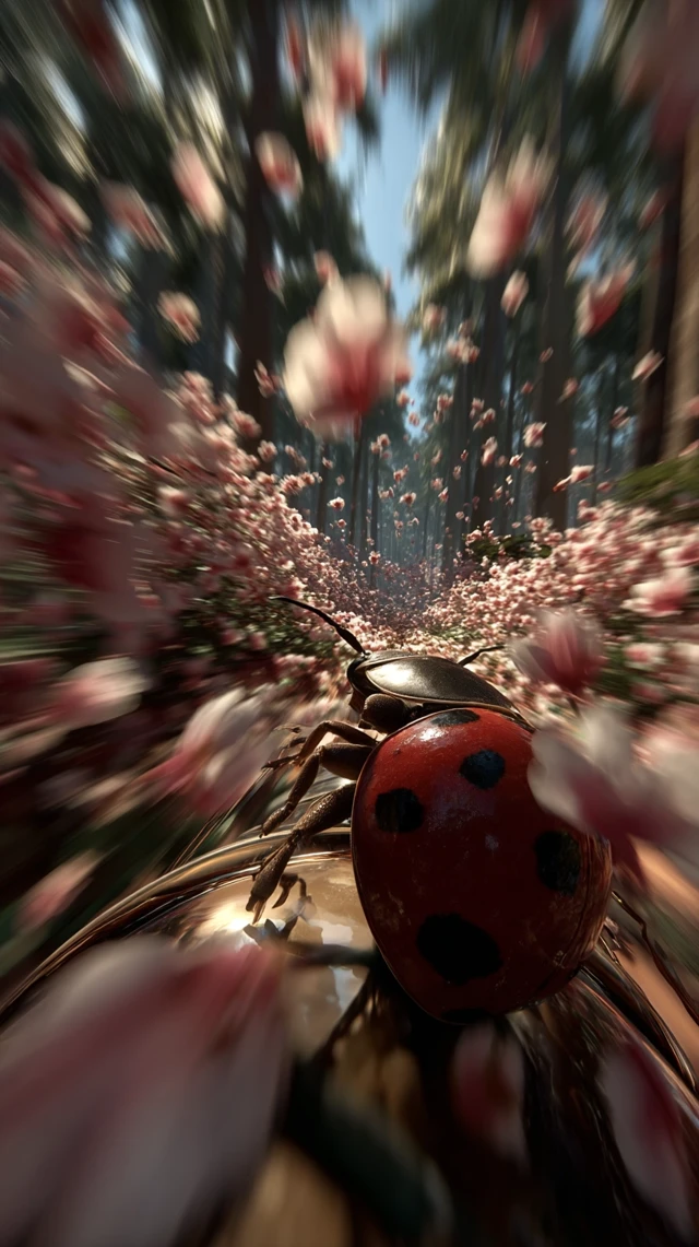 Ladybug Flight Through a Flower Forest