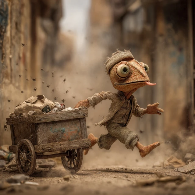Chameleon Chases Flies Grimy Surreal Urban Scene