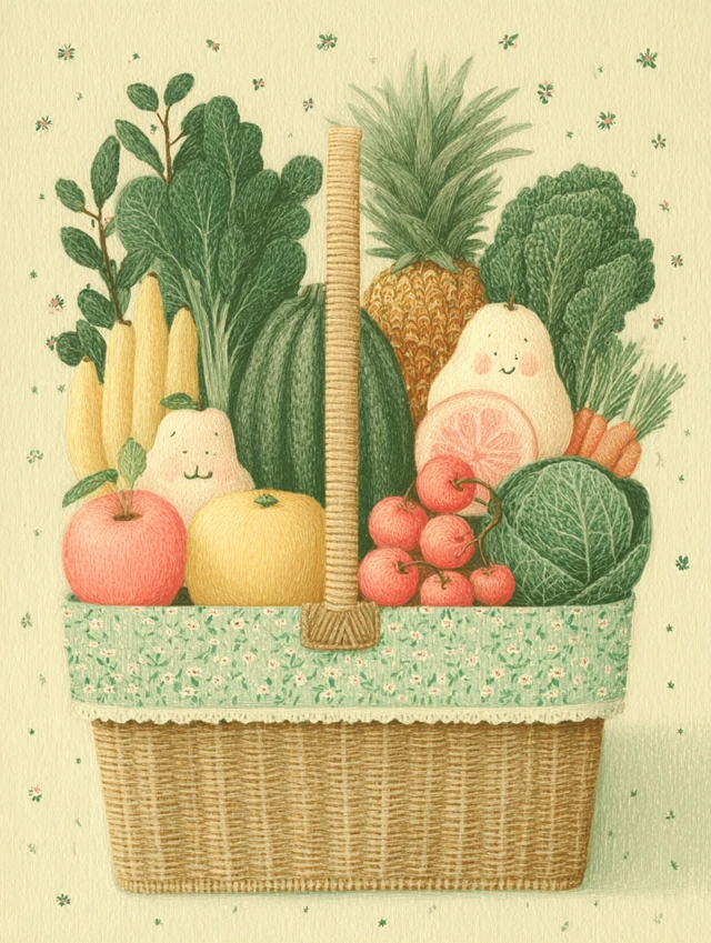 Whimsical Fruit and Vegetable Basket Illustration