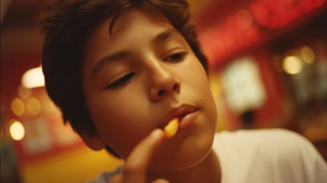 Teenager Enjoying French Fries in a Fast Food Restaurant