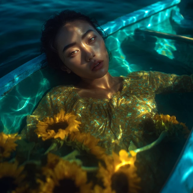 Asian Girl in a Boat on a Lake with Sunflowers