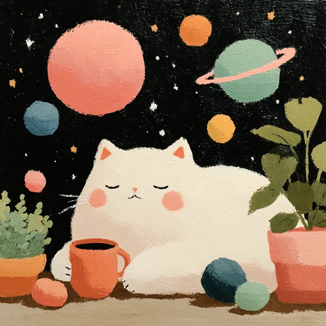 Dreamy Cat in Space with Tea