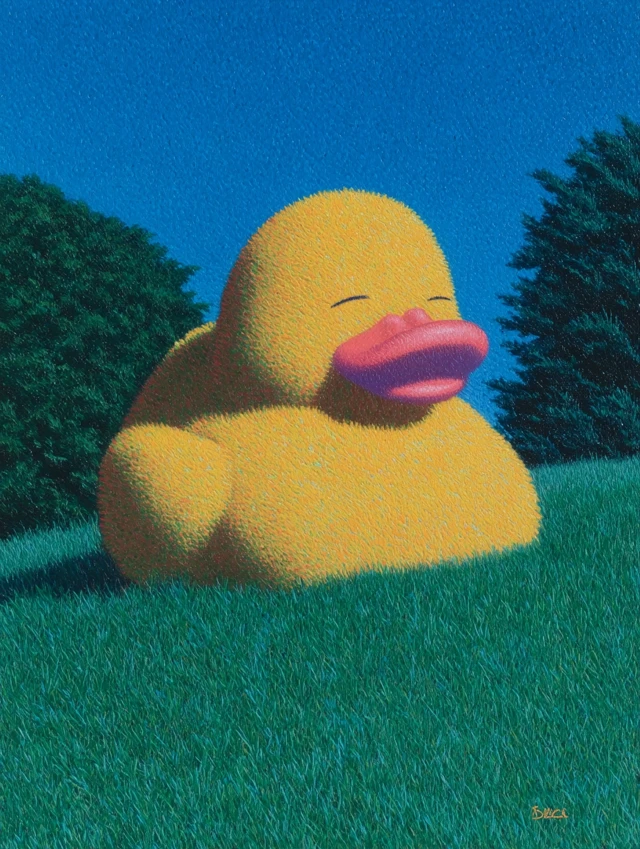 Oil Painting of a Duck Toy on Green Grass