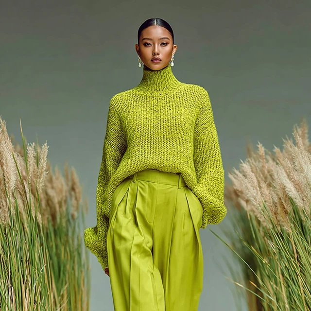Fashion Model in Lime Green Outfit on Runway