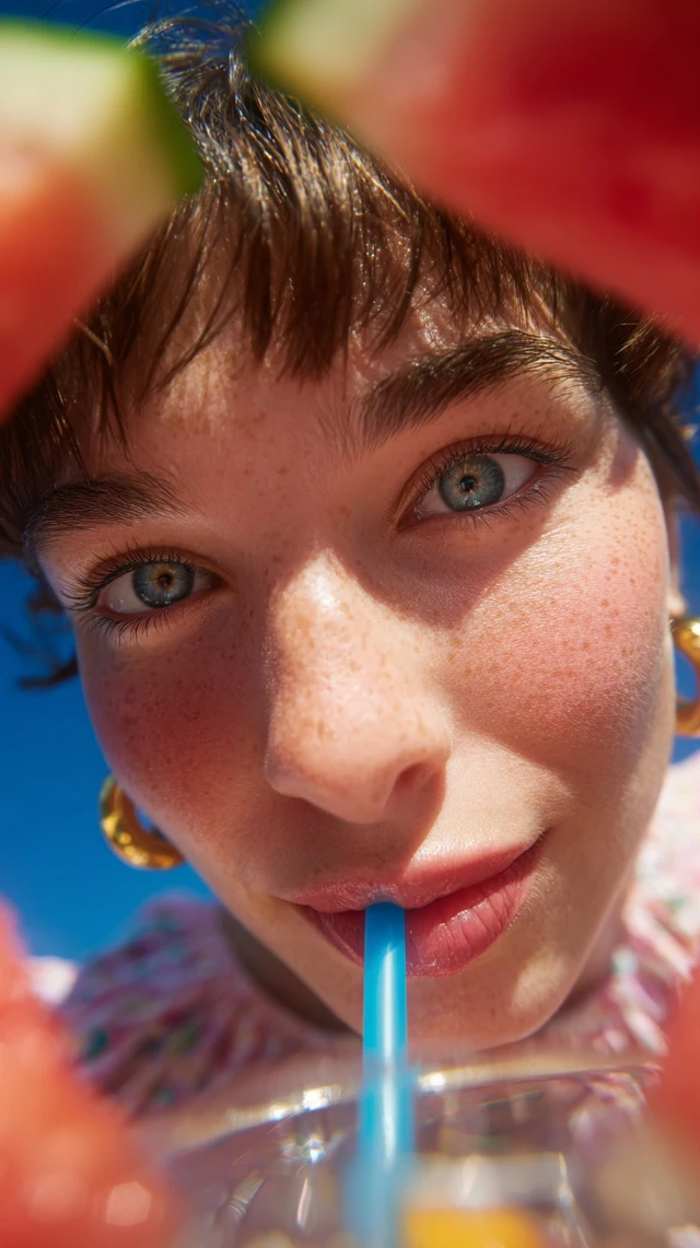 Woman Drinking Watermelon Drink Close Up