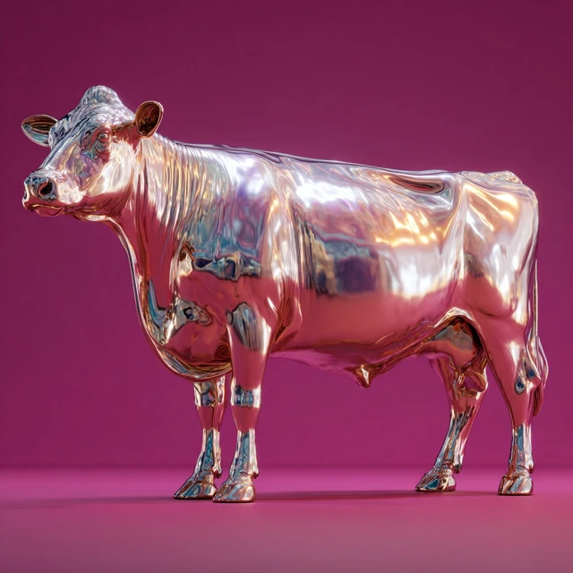 Iridescent Metal Cow Sculpture 3D Render