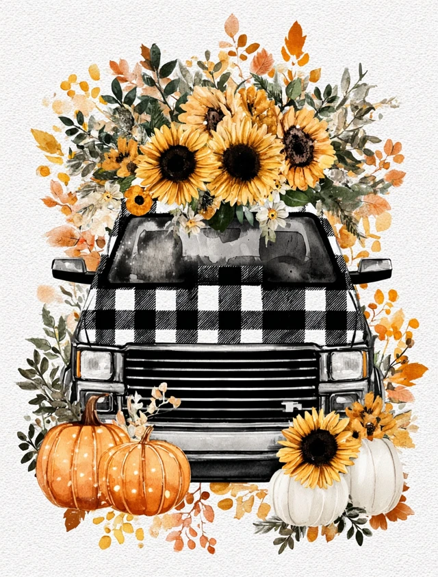 Fall Truck with Pumpkins and Sunflowers Watercolor