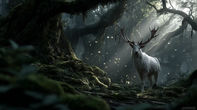 Enchanted Forest White Stag Dawn Illustration