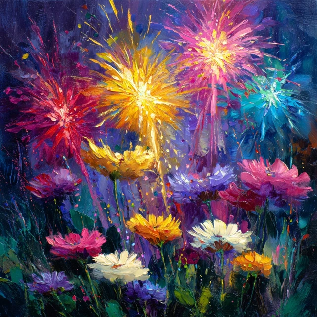 Fireworks and Flowers A Vibrant Oil Painting
