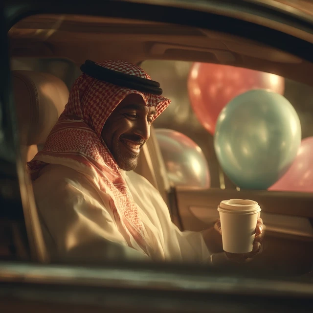 Saudi Man at Drive Thru Coffee Golden Hour Shot