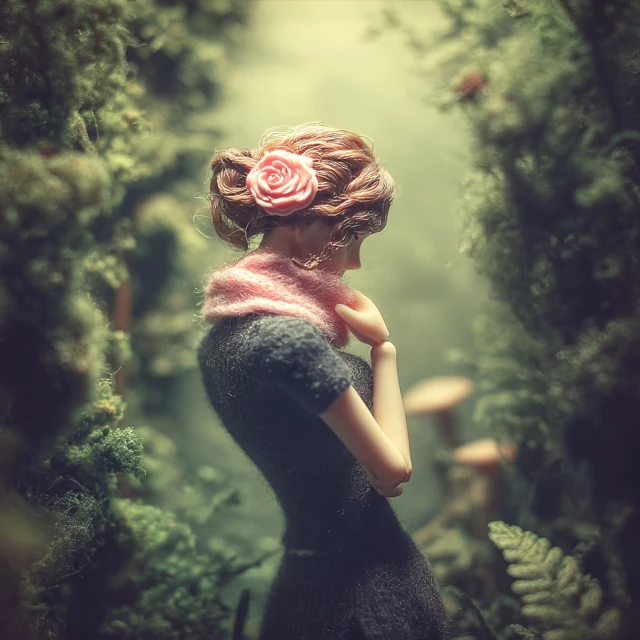 Handmade Miniature Girl in Fairy Forest 3D Render