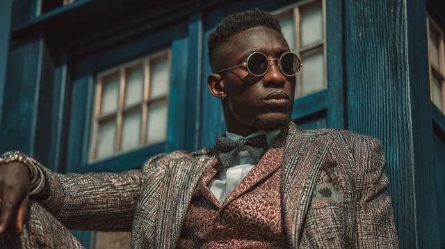 Futuristic Dr Who Leaning on TARDIS