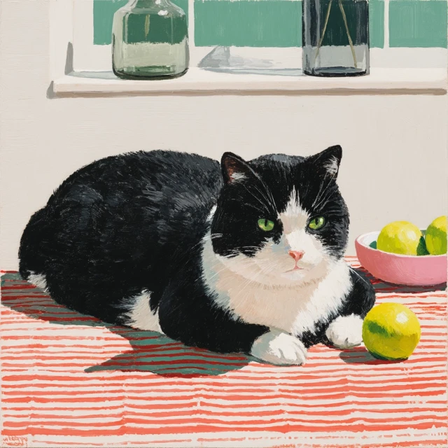 Cat Painting: Black and White Cat with Apples