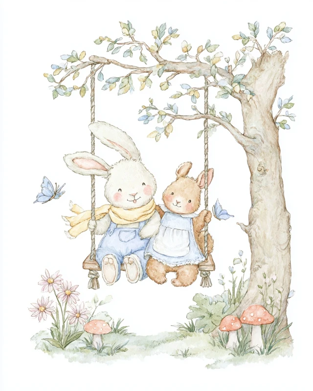 Bunny and Squirrel on a Swing Watercolor Illustration