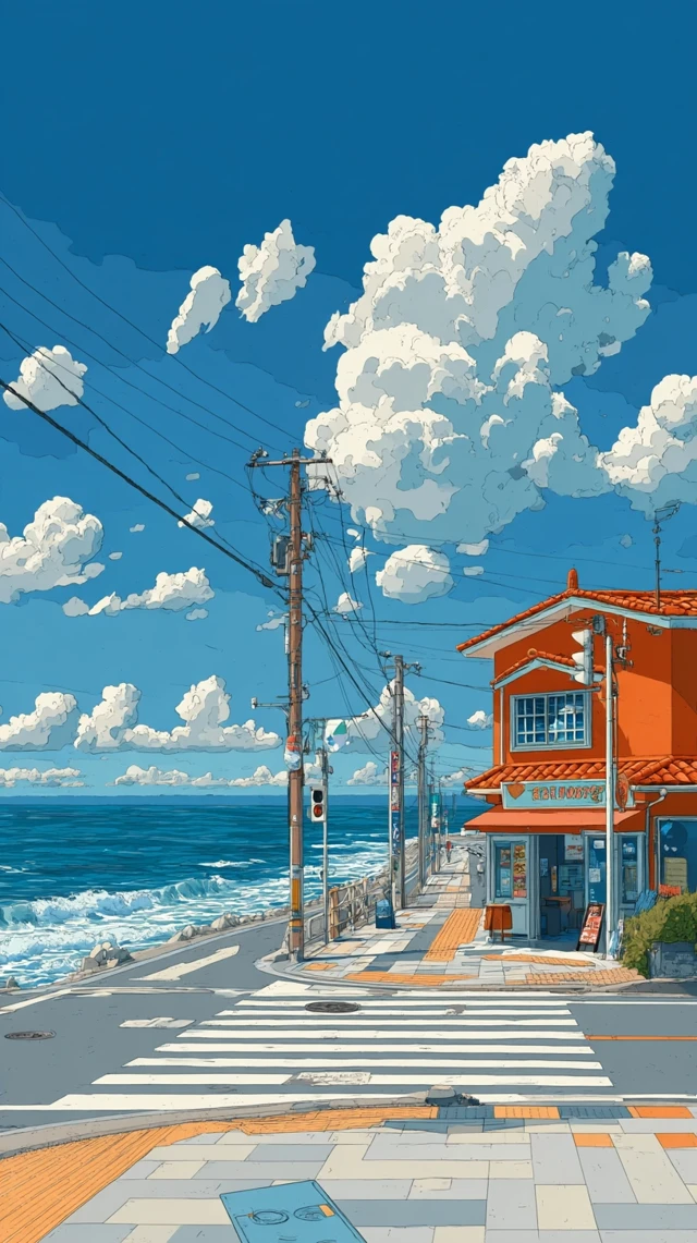 Anime Coastal Crosswalk Scene with Bakery and Ocean