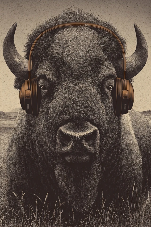 Bison with Headphones Sepia Illustration
