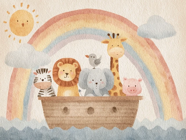 Noahs Ark Watercolor Painting with Animals and Rainbow