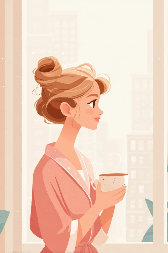 Blonde Woman Drinking Coffee in Apartment Illustration