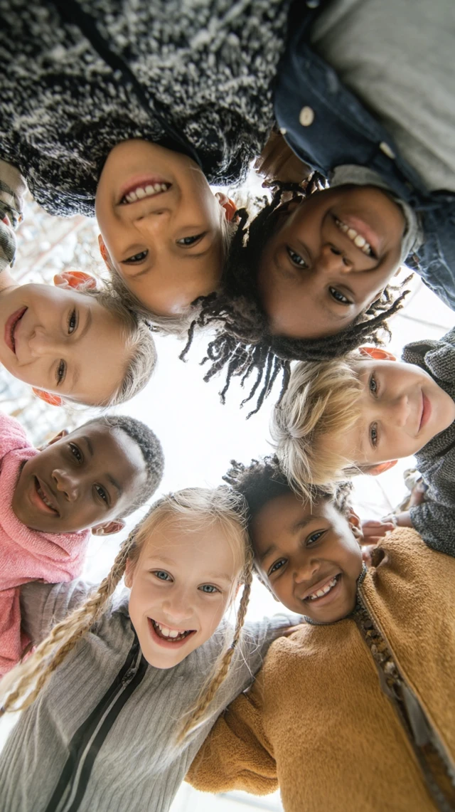 Diverse Kids Smiling in a Circle Top Down View
