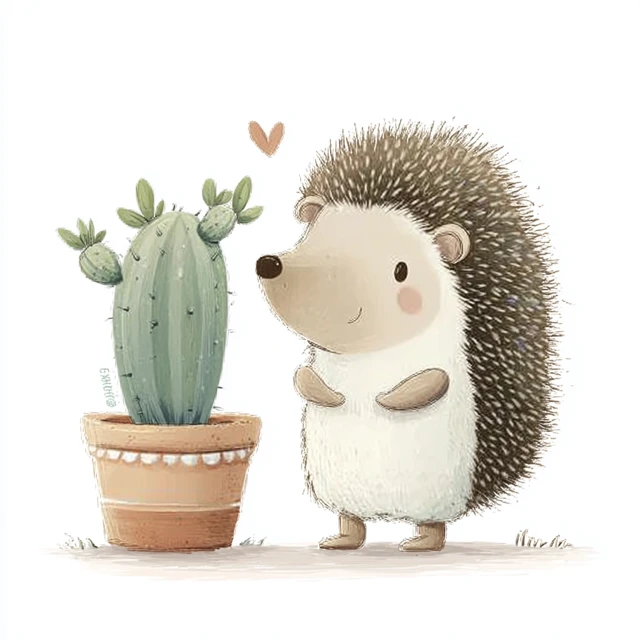 Cute Hedgehog and Cactus Childrens Illustration